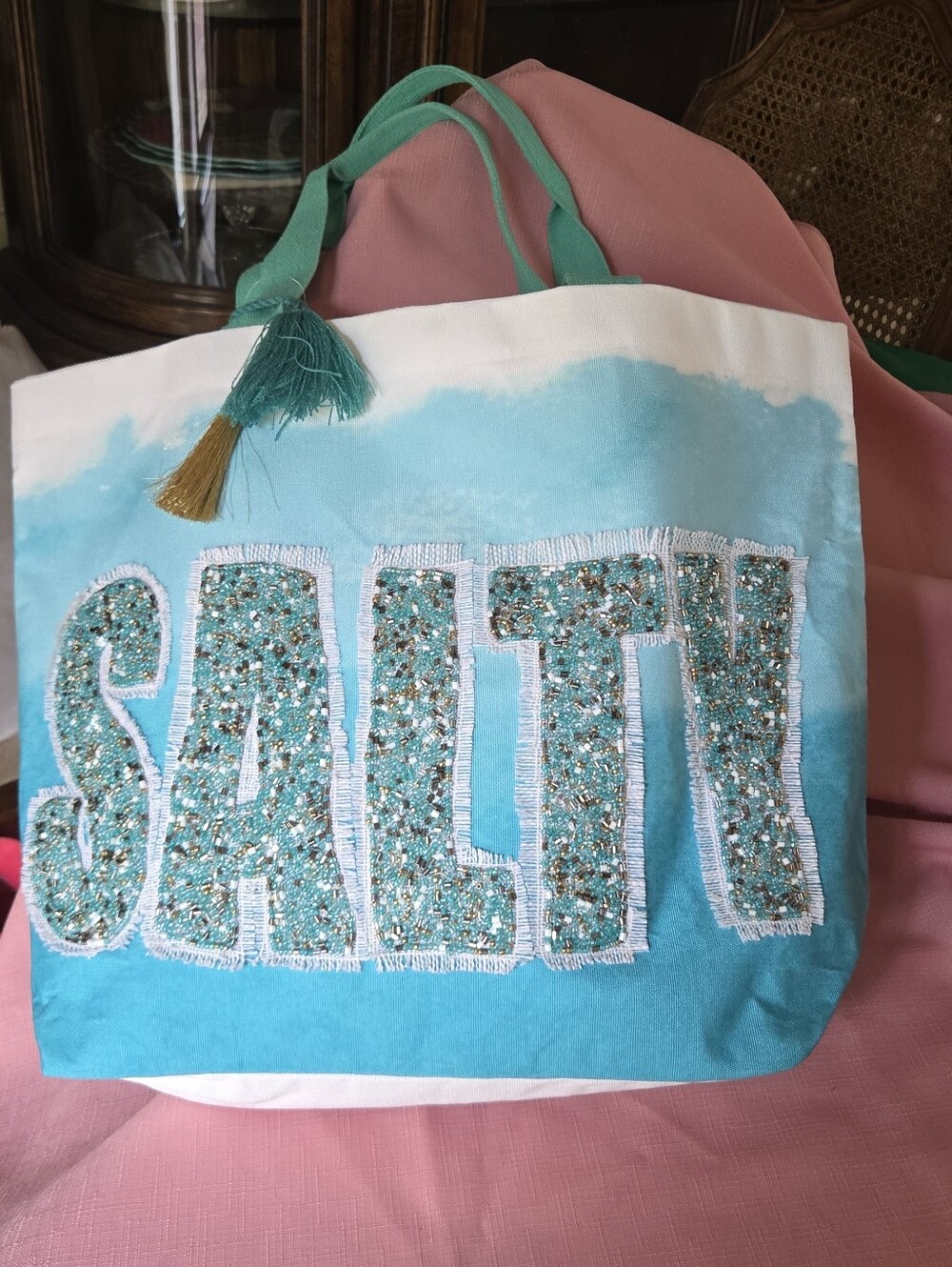 NWOT Canvas Turquoise Beaded Tote